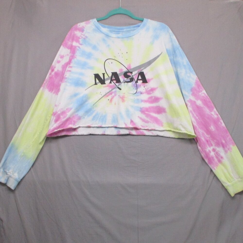 NASA Tie Die Long Sleeve Graphic Logo Crop‎ Top Blue/Pink Women Size | L